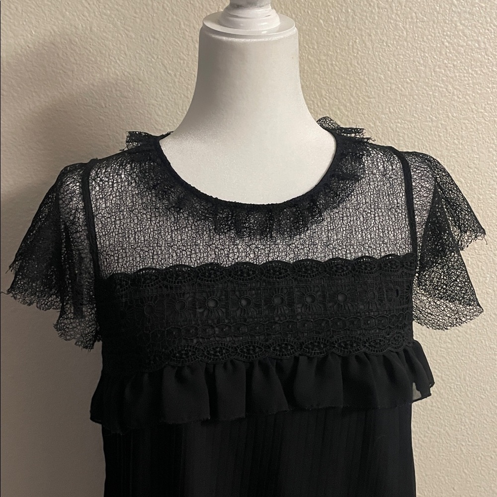 ZARA Black Lace Chiffon Ruffle Top | Coquette Gothic Sheer Blouse - Picture 3 of 8
